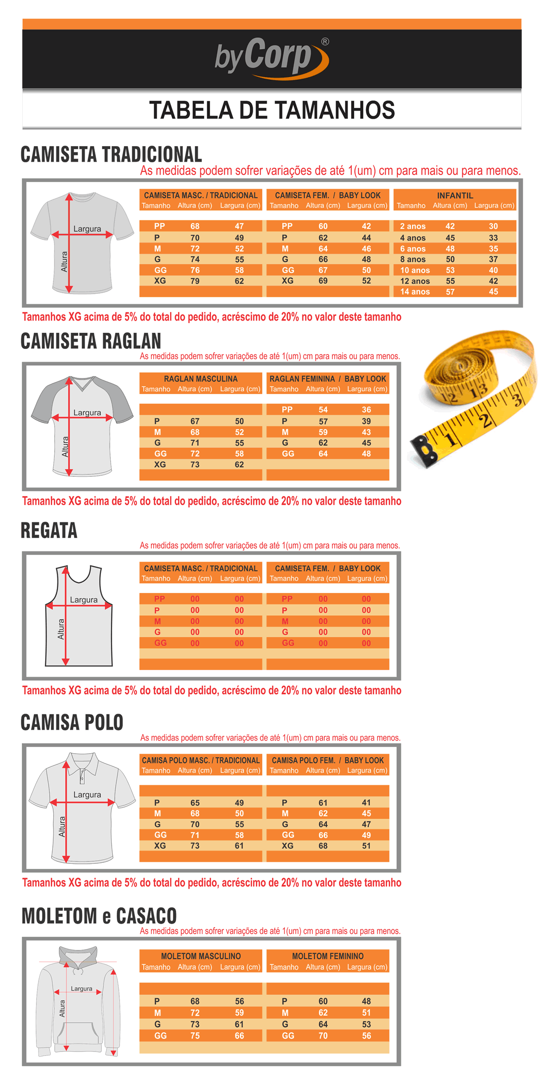 Tabela de tamanhos By Corp